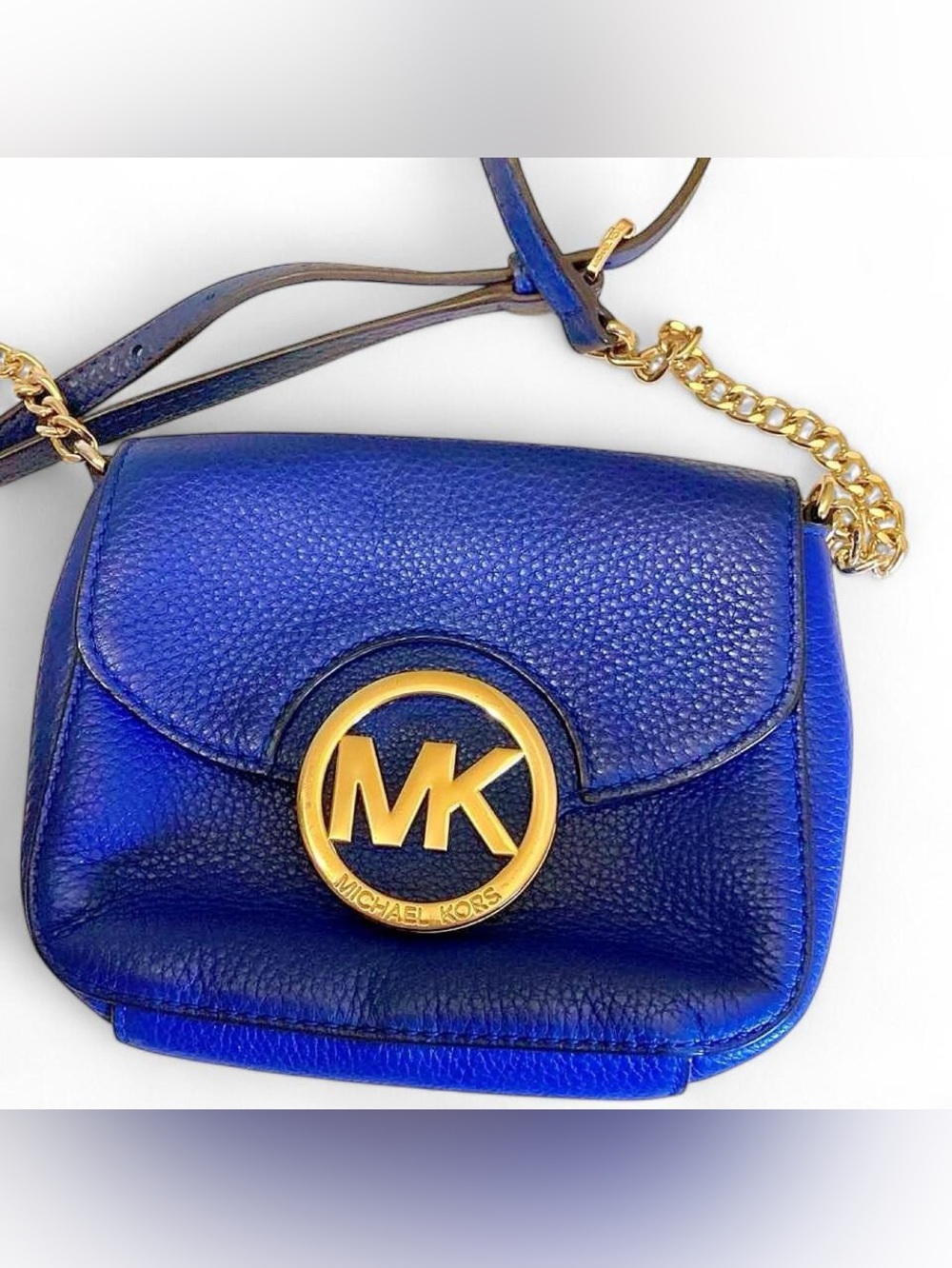 Michael Kors Royal Blue Leather Crossbody Mini Bag/Gold Chain Strap/Metal Logo